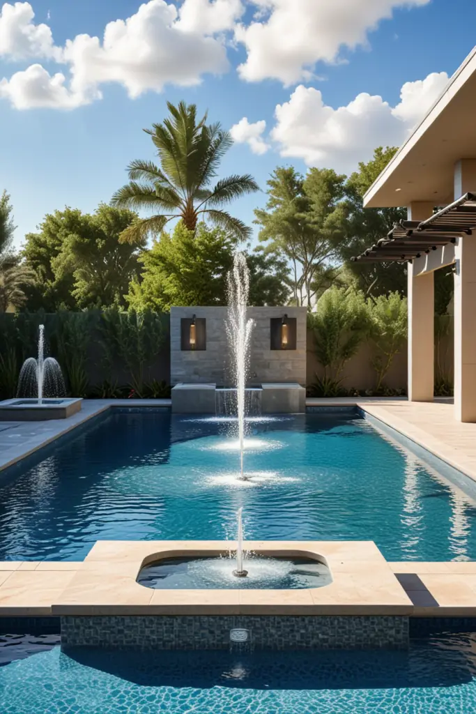 Fountain jets rising from a pool in front of a feature wall