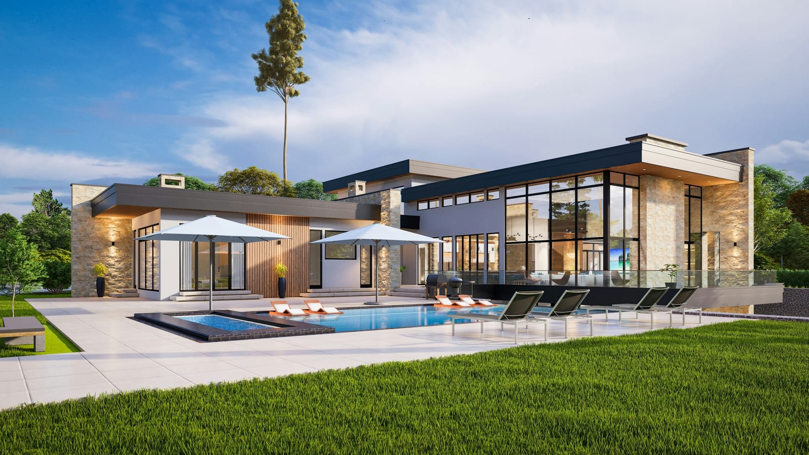 Photorealistic 3D render of a custom pool and outdoor living area