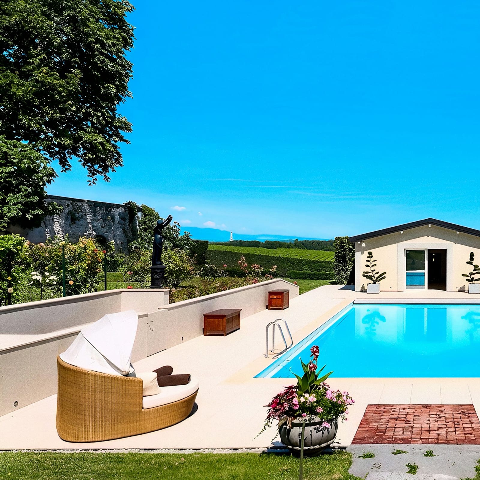 A wide garden with a pool house and loungers beside a swimming pool